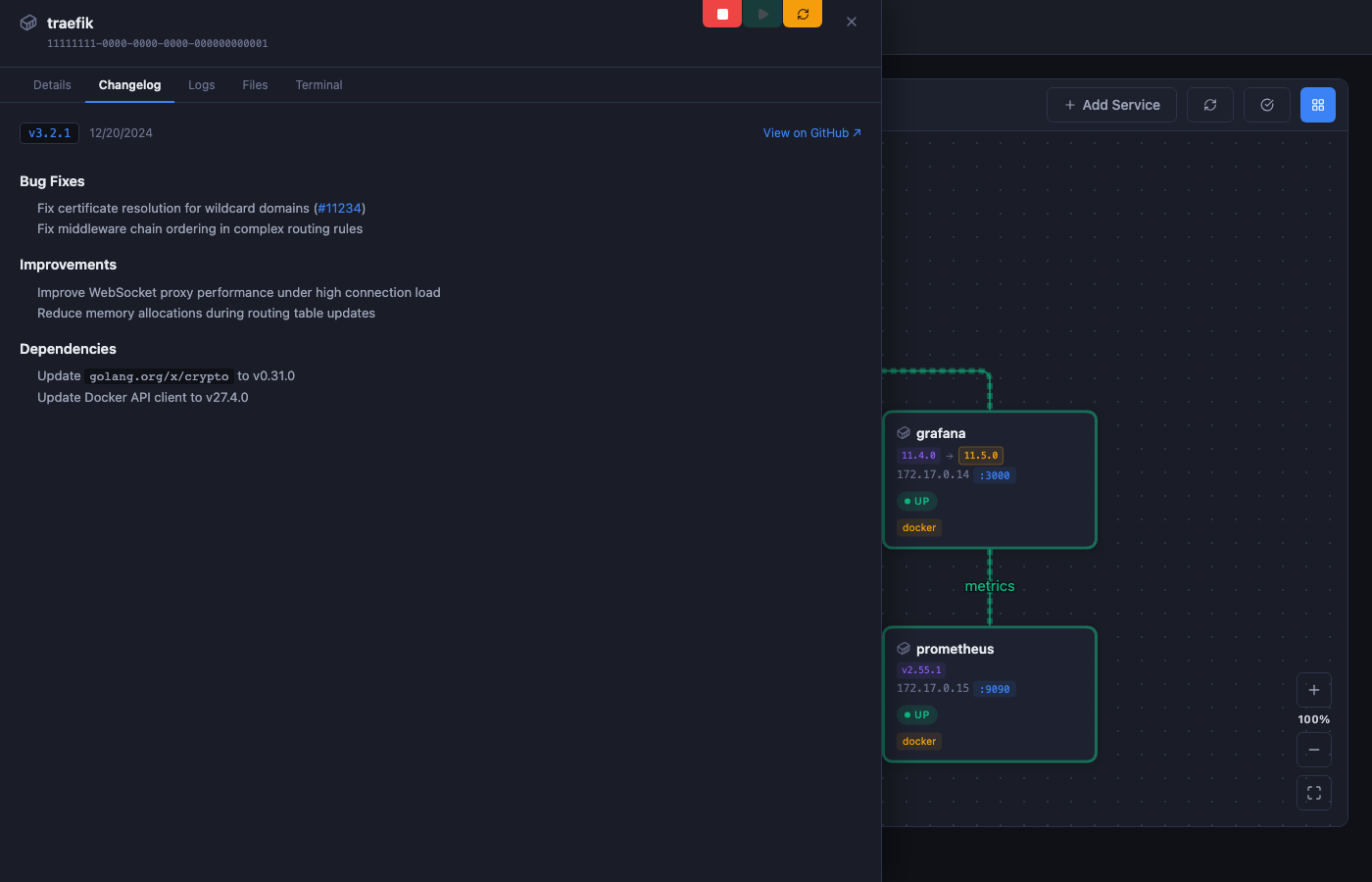 DockDash changelog for an available container update