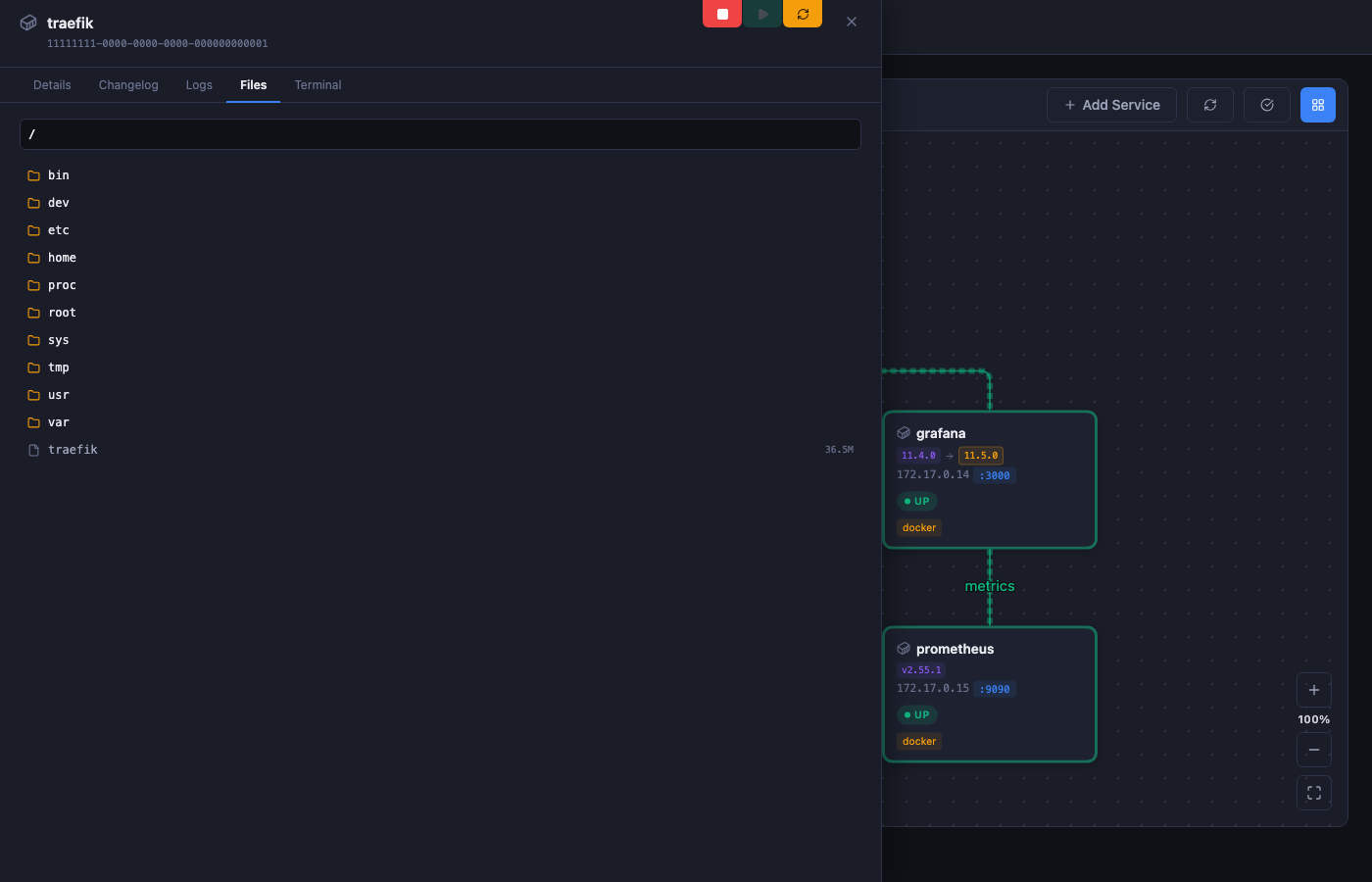 DockDash file explorer browsing a container filesystem