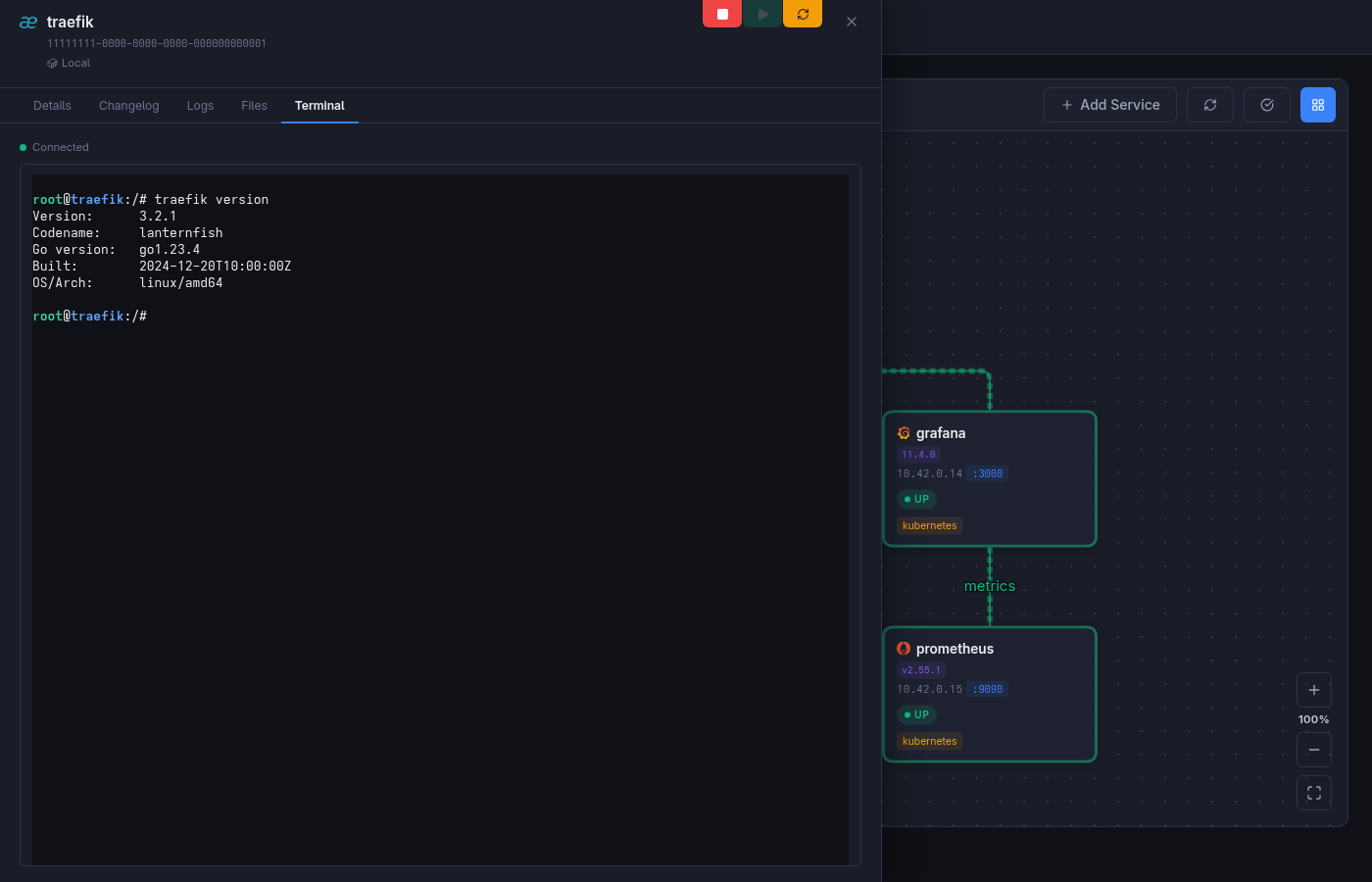 DockDash interactive terminal connected to a container