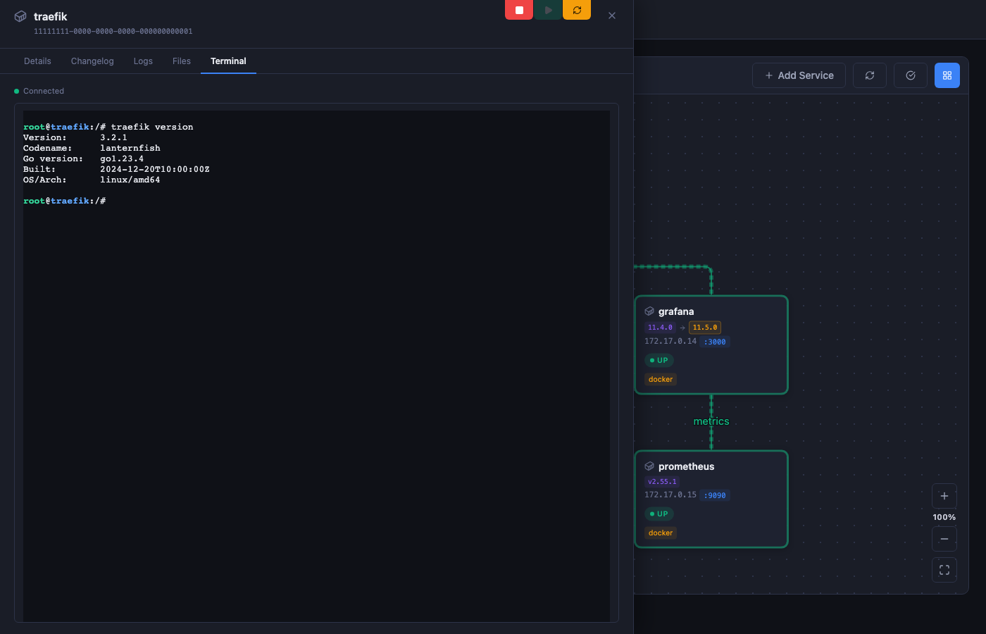 DockDash interactive terminal connected to a container